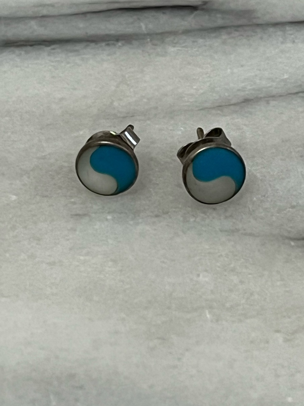 Sterling Silver Turquoise & Mother of Pearl Inlay Yin-Yang 7mm Stud Earrings